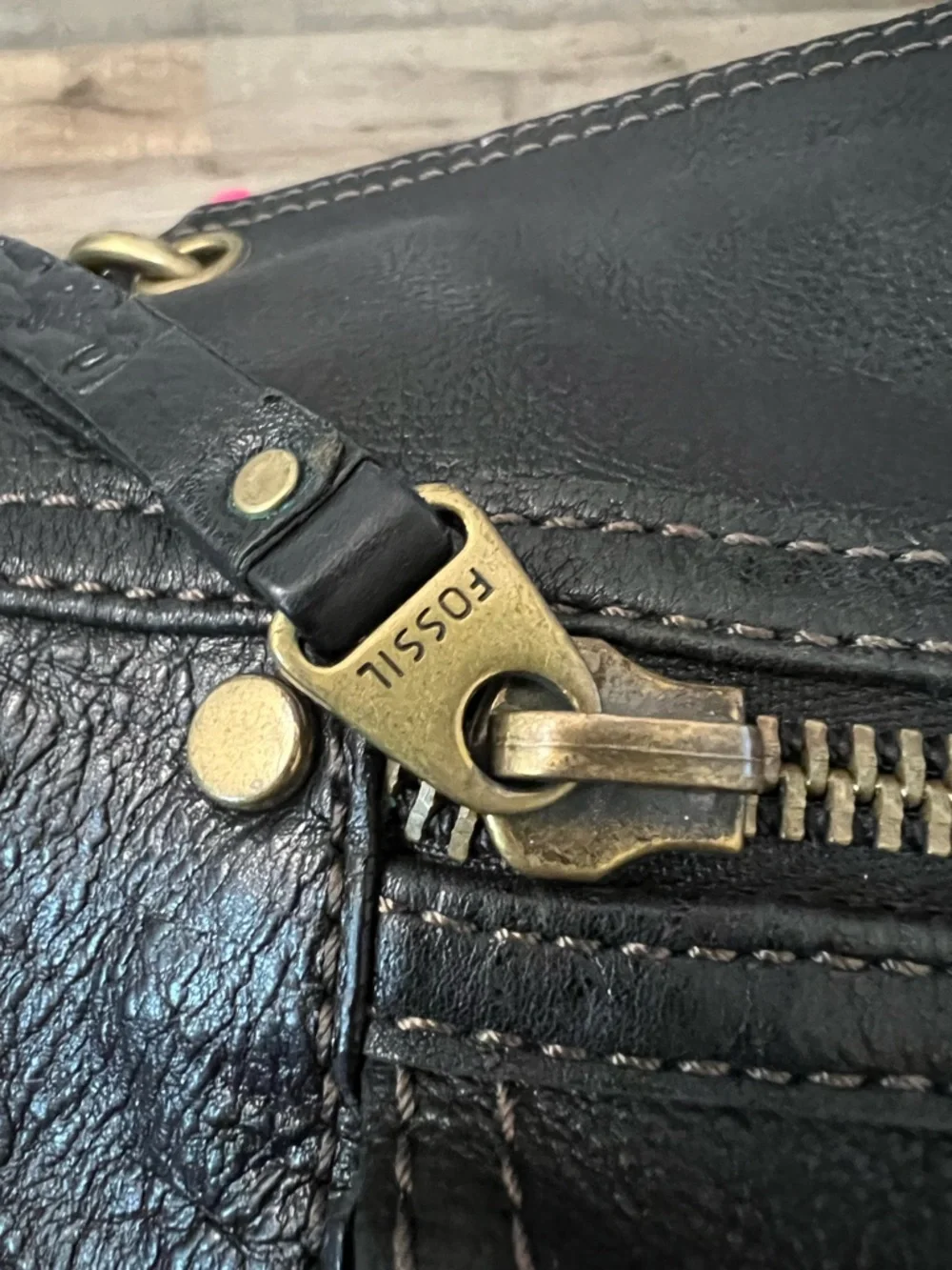 Fossil Black Leather Crossbody with Brass Hardware